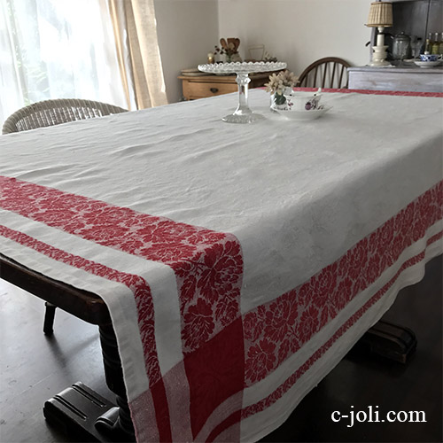 T2950 フランスアンティークリネン大判テーブルクロス ローズ柄