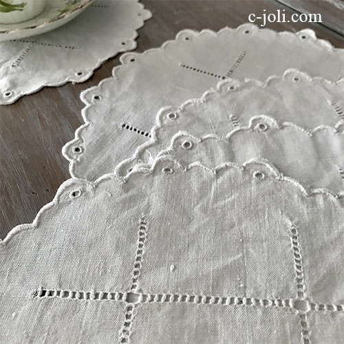 T3046 フランスアンティーク刺繍リネンドイリーセット カットワーク手