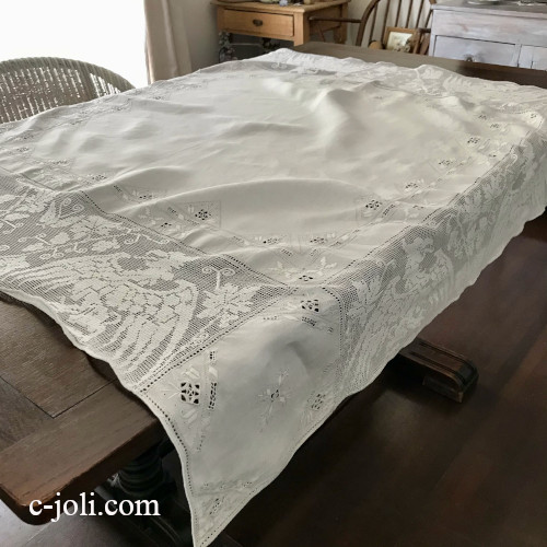 T3054 イギリスアンティークリネン大判テーブルクロス 手刺繍リネン