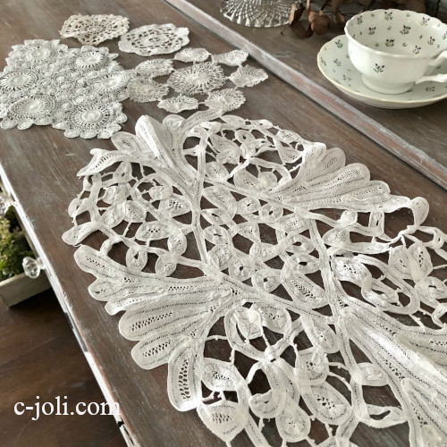 T3121 フランスアンティークレースドイリー5枚 コットンバテンレース