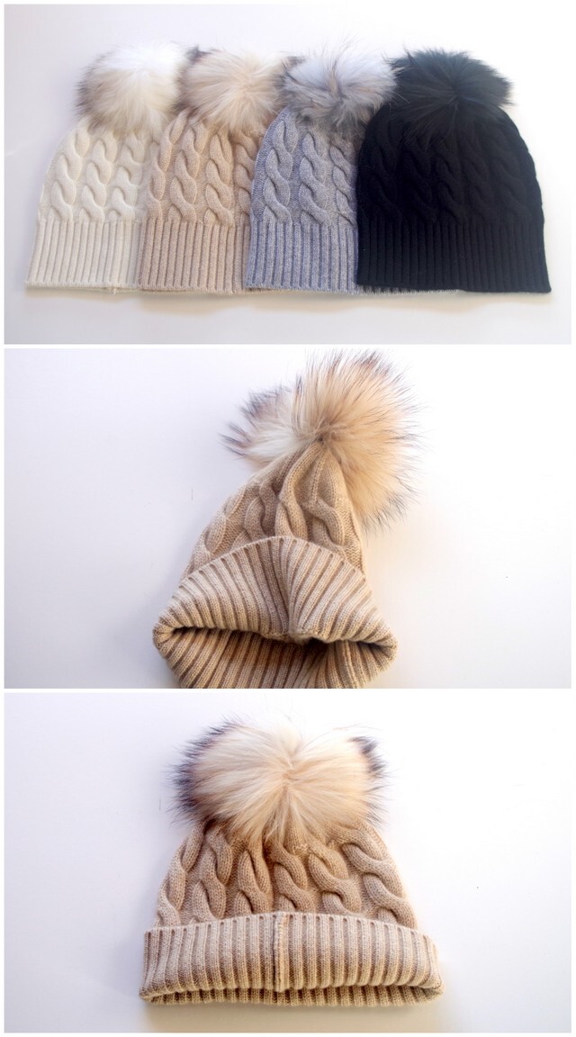 ニット 帽子 カシミヤ ポンポン ニット帽 カシミヤ100% ケーブル編み