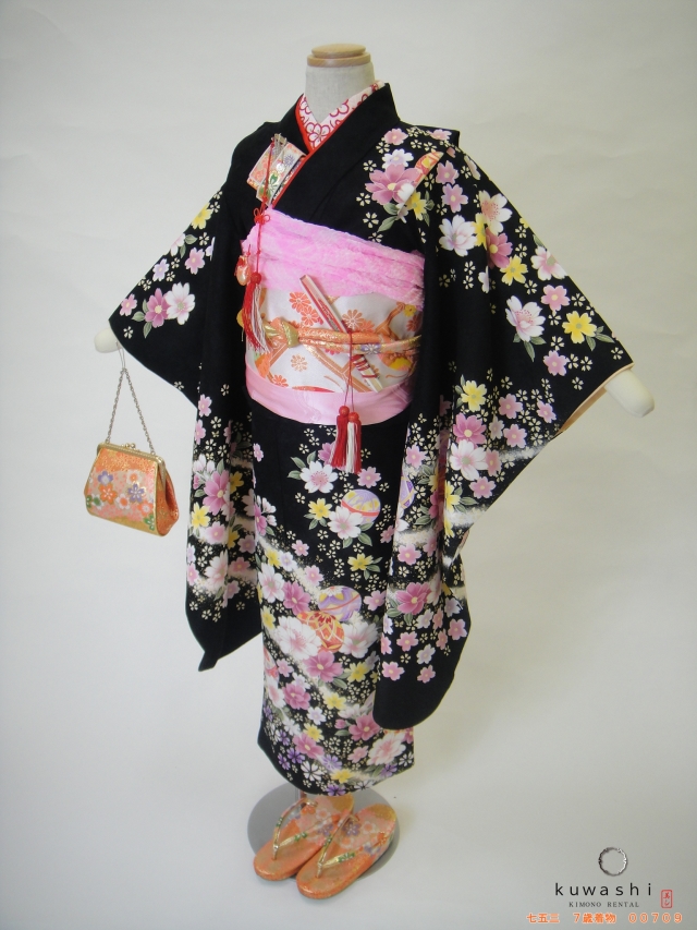 七五三レンタル着物】 00709 黒地地紋桜フルセット 【7歳女児着物
