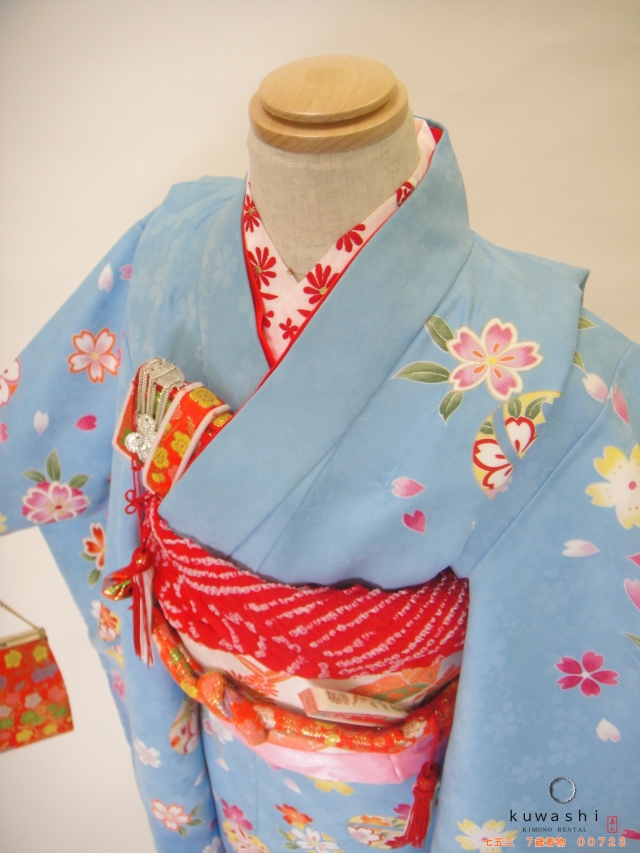 七五三レンタル着物】 00723 水色鞠桜フルセット 【7歳女児着物
