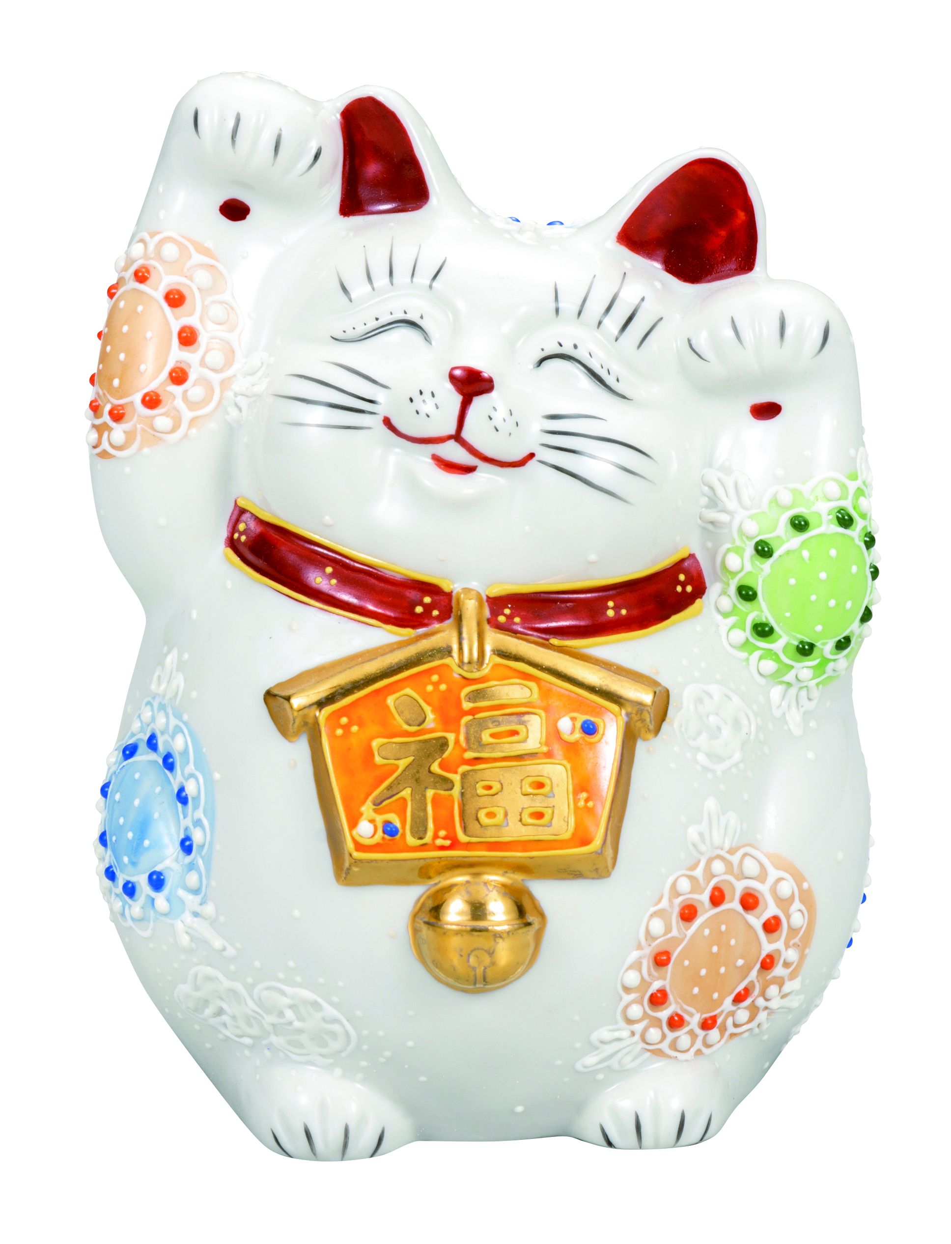 九谷焼 4.5号絵馬招猫 白盛（両手上げ）