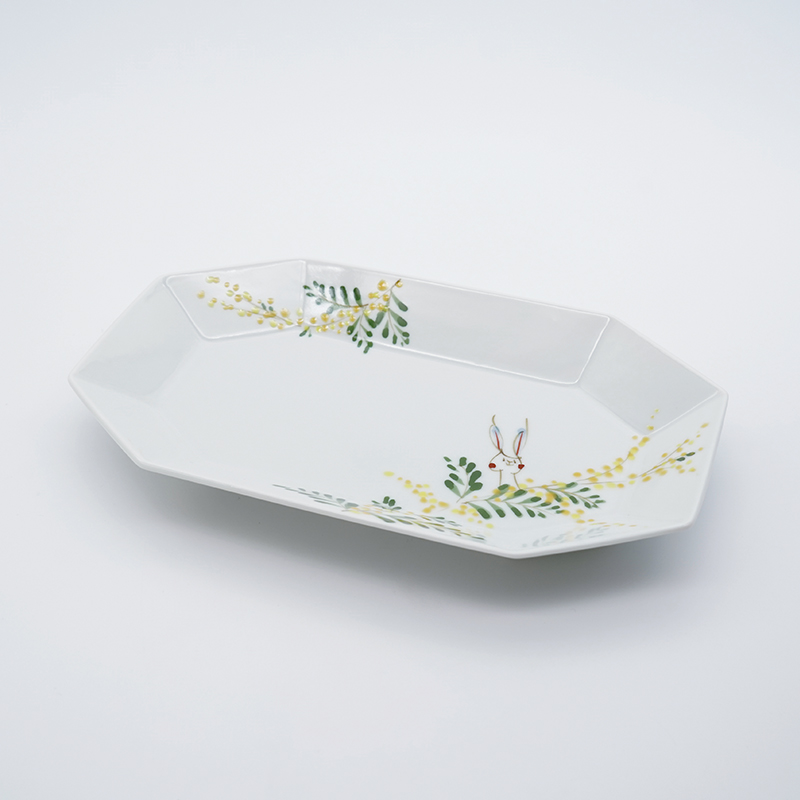 ミモザとうさぎ／八角長皿(大)｜空萌工房(そらもえこうぼう)｜田口紀美子