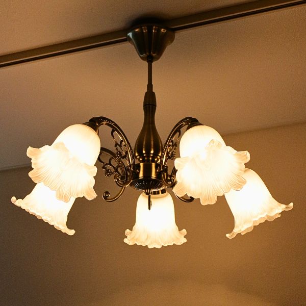 シャンデリア アイアン ガラス おしゃれ 5灯 アンティーク風 花型