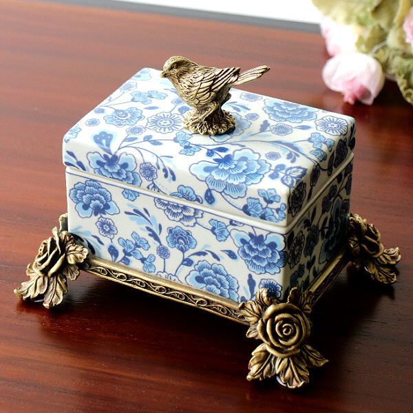 小物入れ 陶器 おしゃれ 真鍮 小鳥 シノワズリ 蓋付き ボックス