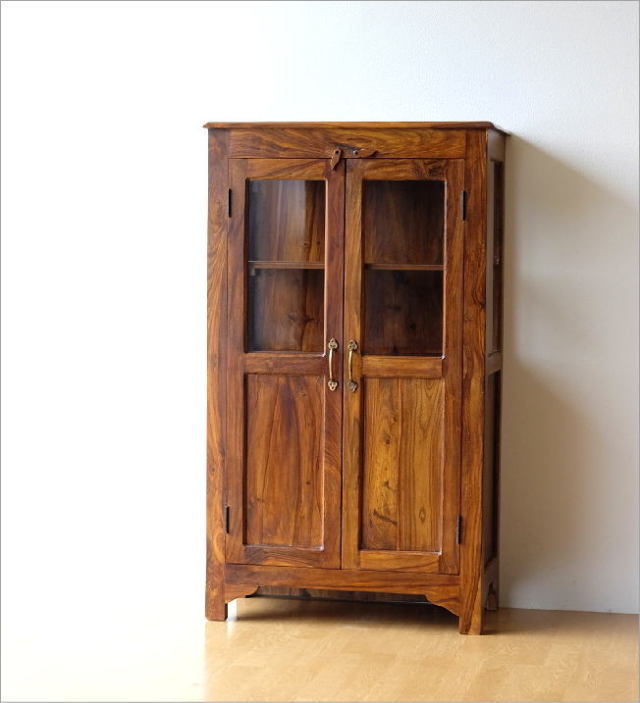 キャビネット 木製 無垢 ガラス 扉付き収納 食器棚 飾り棚 天然木