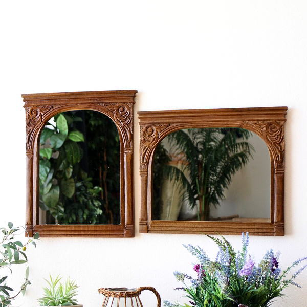 鏡 壁掛け 卓上 ミラー おしゃれ 木製 天然木 マンゴーウッド 木彫り