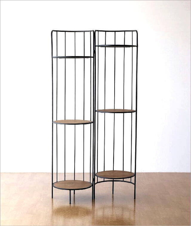 オープンシェルフ 3段 アイアン 木製 円形 円柱 折りたたみ 間仕切り
