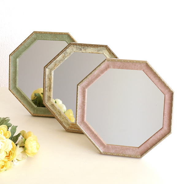 八角形ミラー 八角鏡 玄関 風水 幸運 壁掛け 卓上 コンパクト 25×25cm