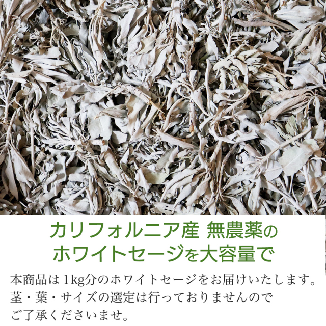 ホワイトセージ 1kg 大容量 無選別 枝付き クラッシュ 無農薬 高品質