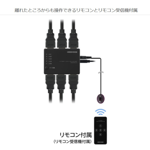 5ポート HDMIセレクタ 5入力1出力 リモコン付 4K WQHD 手動切替