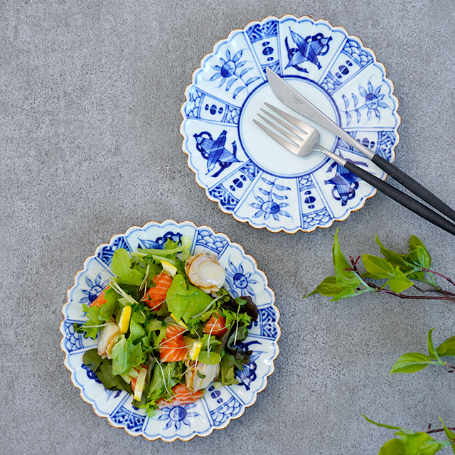 渕サビ芙蓉手菊型18cmプレート［梶謙製磁社］│ケーキ皿や取皿に