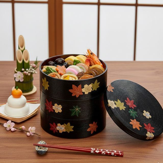 丸三段重箱 千筋 春秋 木製 漆塗りお重箱 FC19-5 漆器の井助