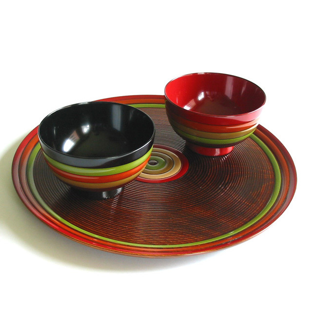 丸盆 独楽文様 尺一 木製 漆塗り トレー FC4-17 漆器の井助