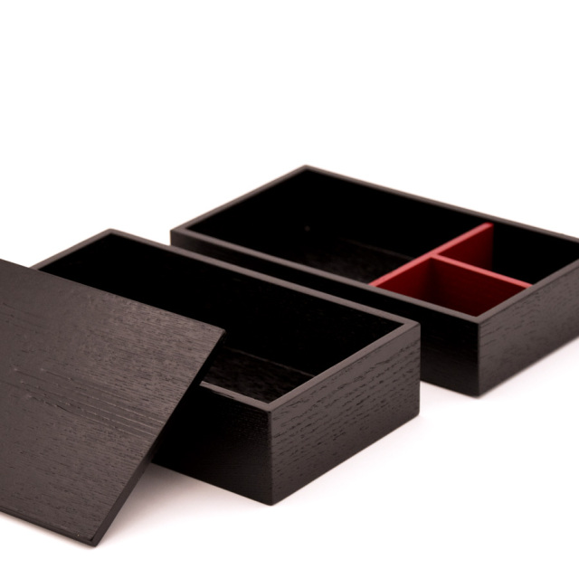 長角二段弁当 タモ 黒 仕切付き 木製 漆器の井助