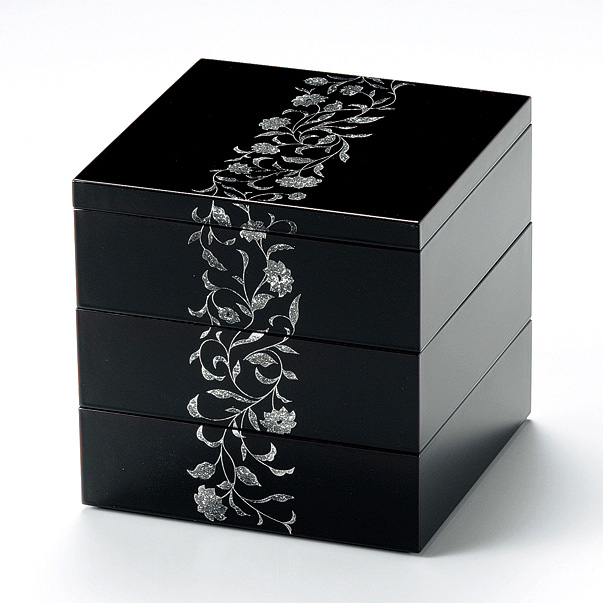 三段重 松竹梅蒔絵 黒内朱 6.5寸 漆塗り 木製 12-14702 漆器の井助