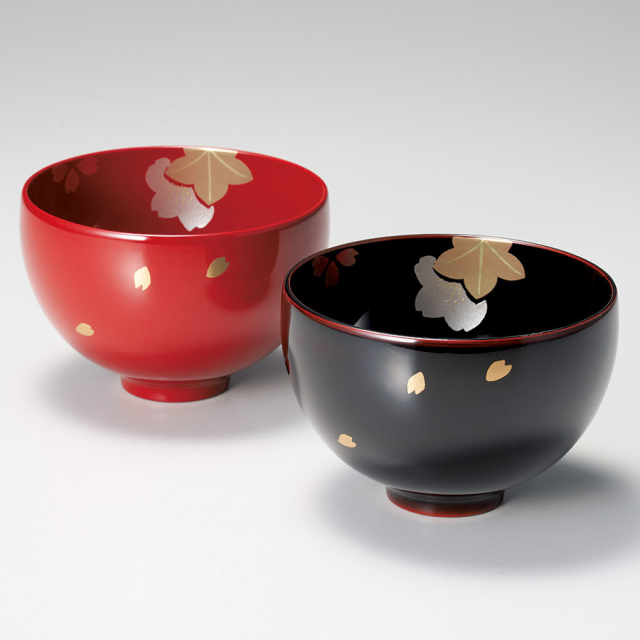 夫婦椀 透かし内桜 仙才汁椀 溜（ため）・朱 2客セット 漆塗り 12