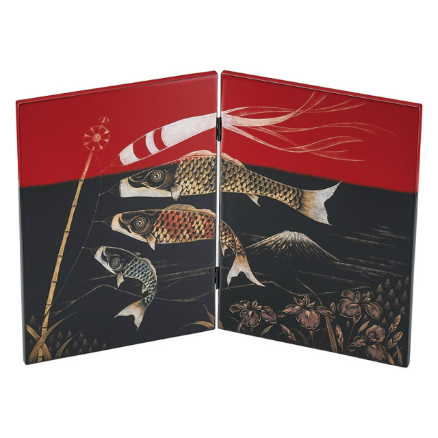 二枚屏風 沈金こいのぼり 黒 木製 漆塗り 漆器の井助