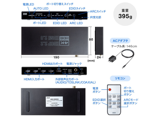 HDMI切替器 4K/60Hz HDR対応 4入力1出力 光デジタル 同軸デジタル端子