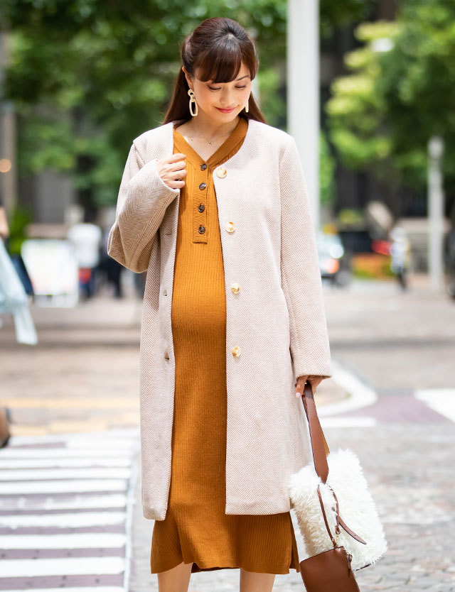 襟3WAY！エコファー付き ニットツイード ママコート 産前産後兼用