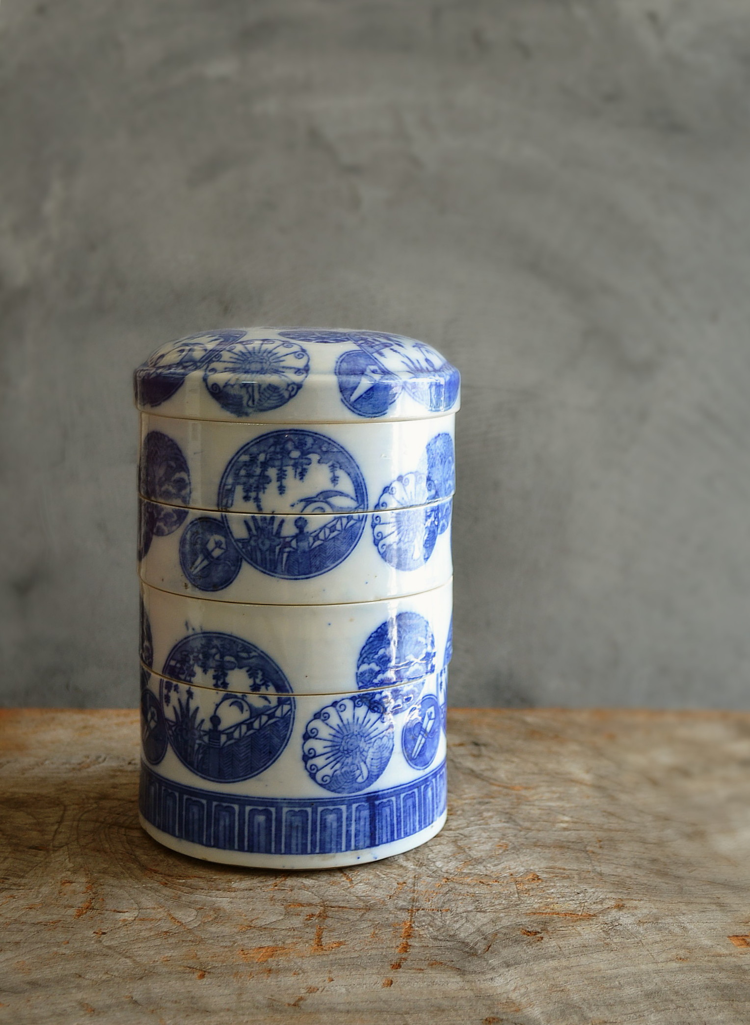 染付印判円柱重箱 4段重 お重 Antique Sam's Collection