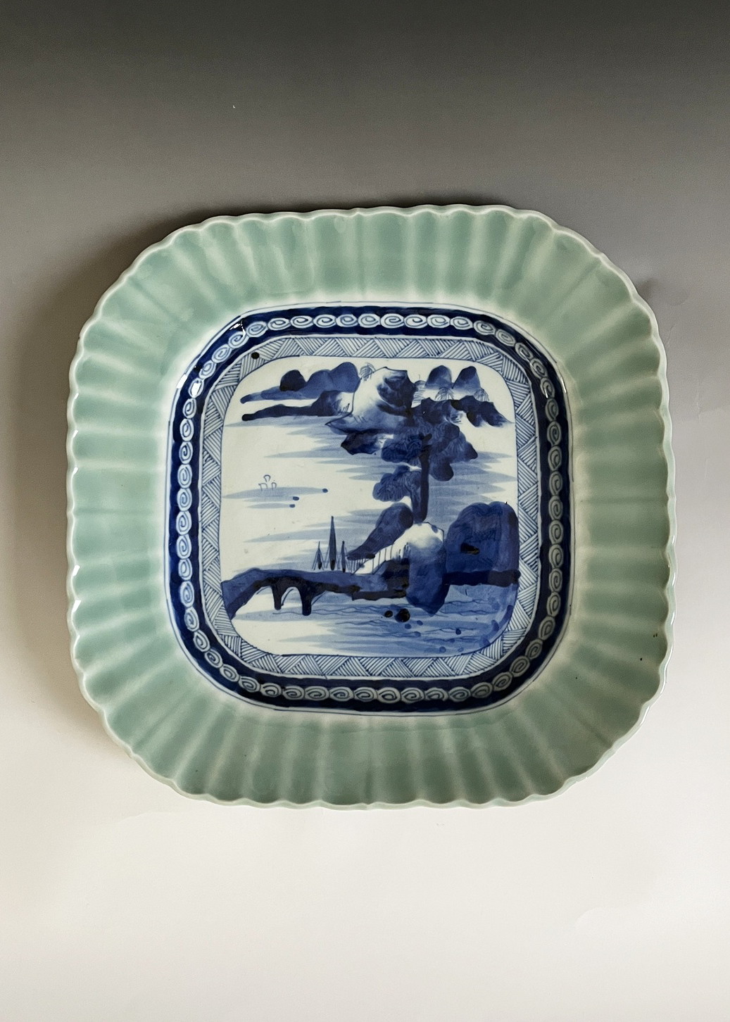 古舫庵コレクション青磁染付隅切四方皿 大皿 盛皿 飾り皿