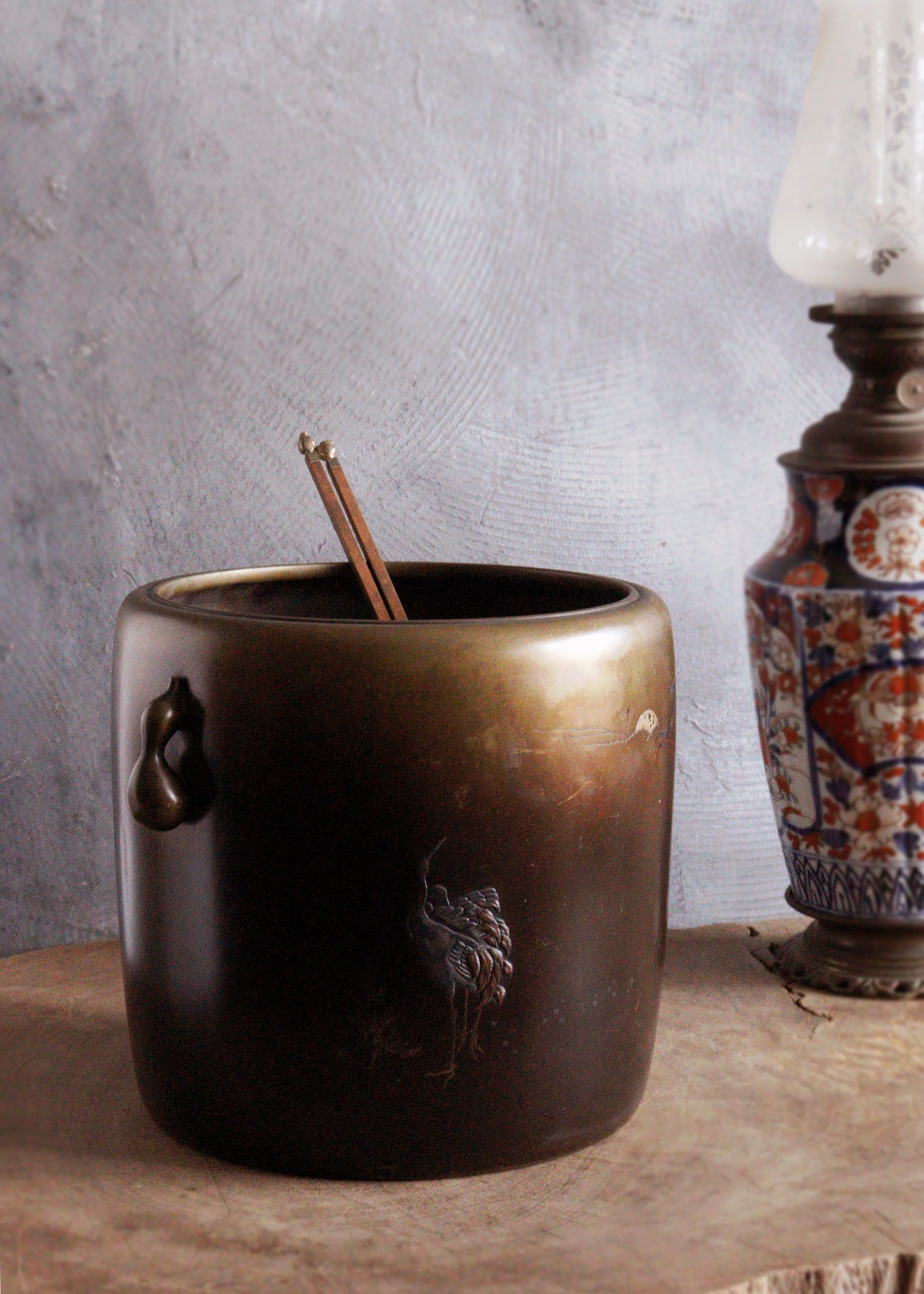 高肉象嵌火鉢 立鶴 銀象嵌 瓶掛け 火鉢 手あぶり 鉢カバー 骨董