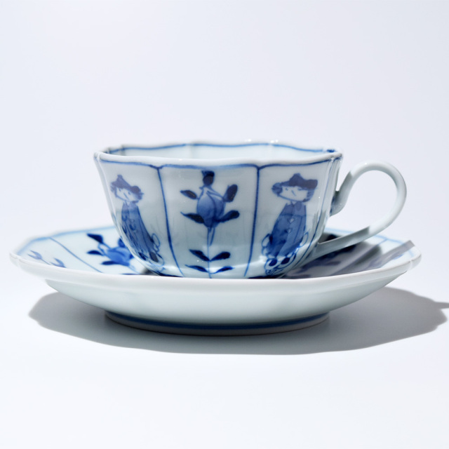 割マント異人木甲紅茶碗皿 しん窯 青花