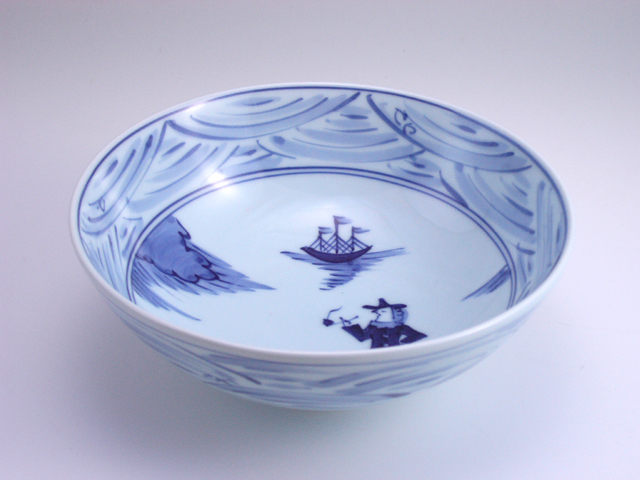 有田焼 青花 しん窯 長崎紋渕上り 江戸紋 奴だこ 6.5寸 中華丼 19cm