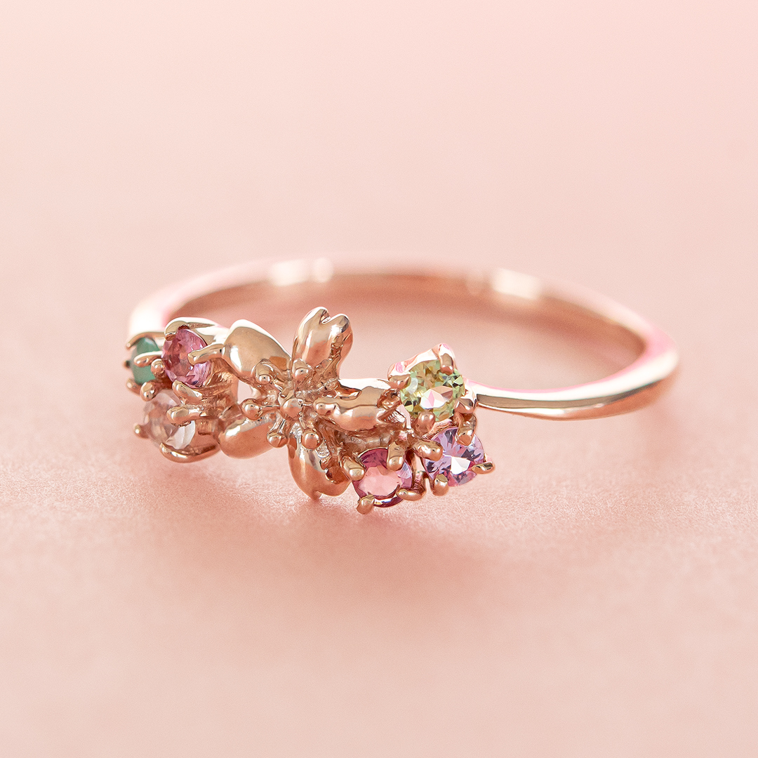 リング K10ピンクゴールド エメラルド ローズクォーツ ピンク