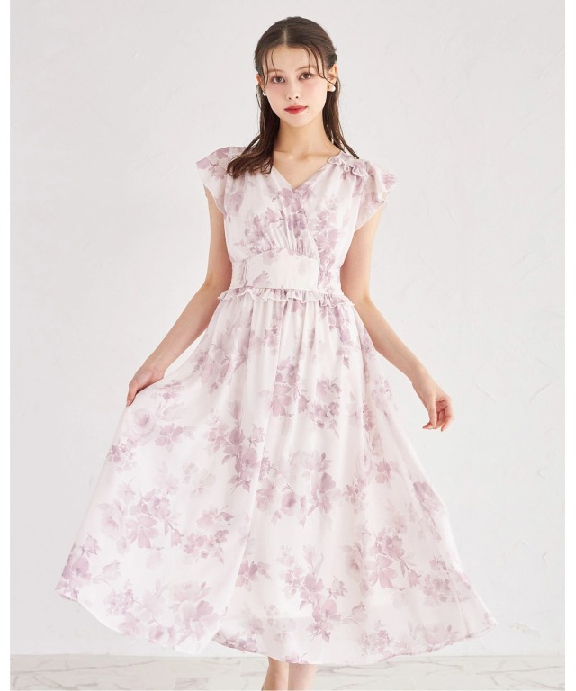 フリル付きウエストシャーリングフラワープリントカシュクールワンピース