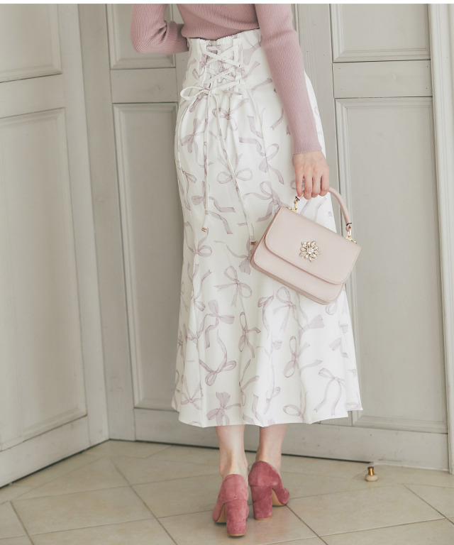 バックレースアップリボンプリントマーメイドスカート