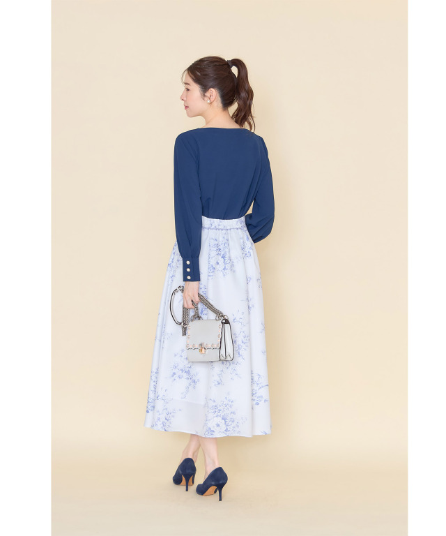 ウエスト配色ライン入りフラワープリントタックフレアスカート