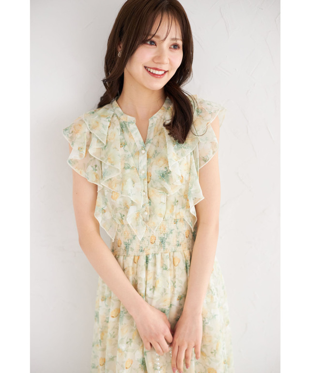 パール釦ラッフルフリルシアージャガード×フラワープリント