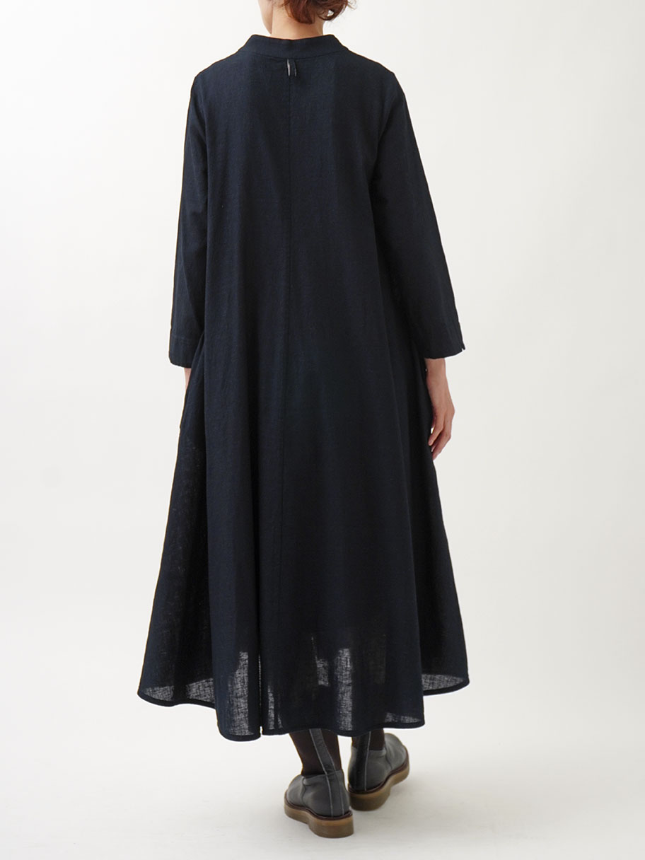 16／-インディゴガーゼボトル襟フレアーワンピース