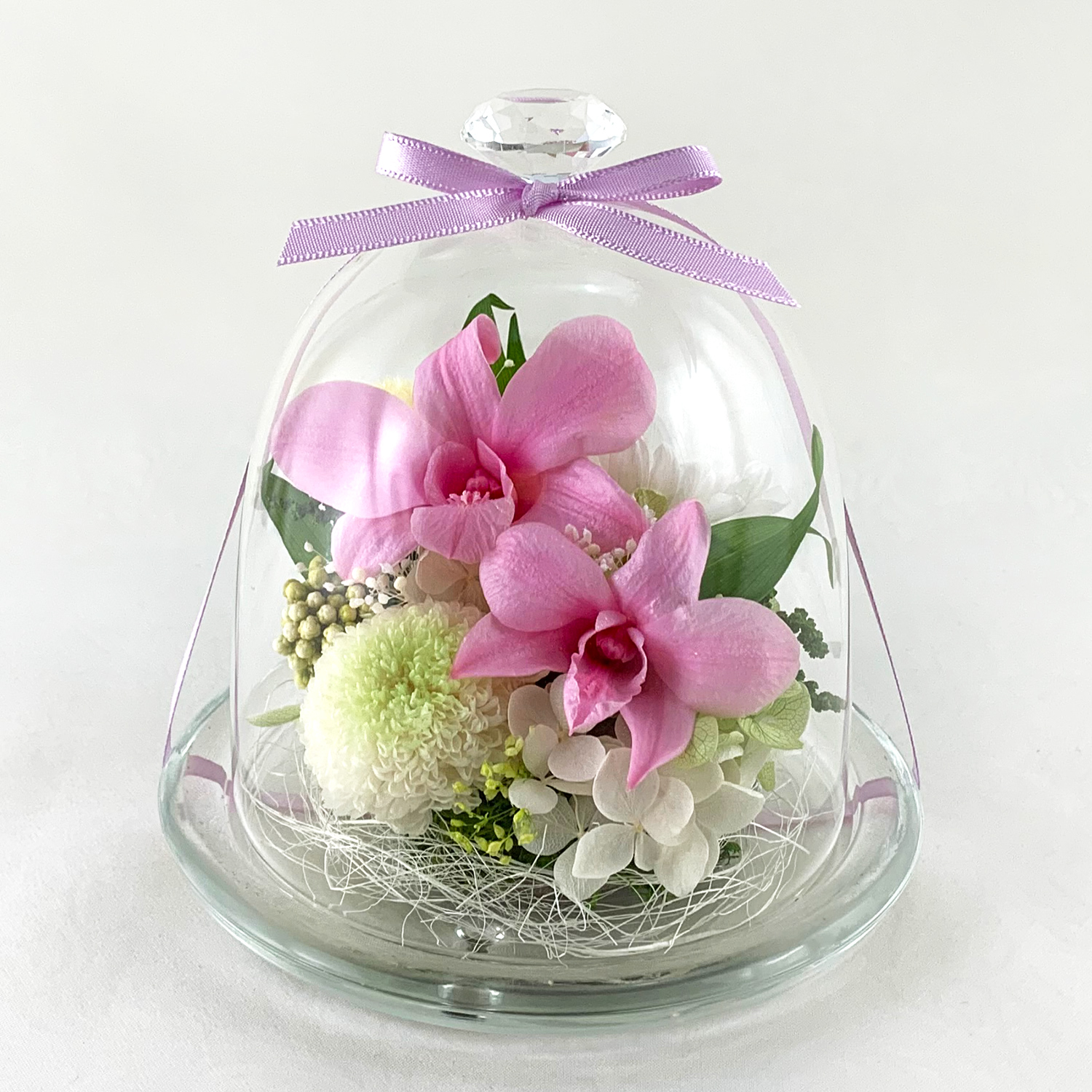ガラスドームのプリザーブドフラワー デンファレ ピンク｜お供え用