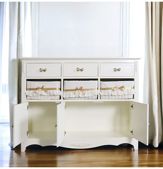 ココリボン バスケット付きキャビネット 幅110cm ホワイト｜姫系