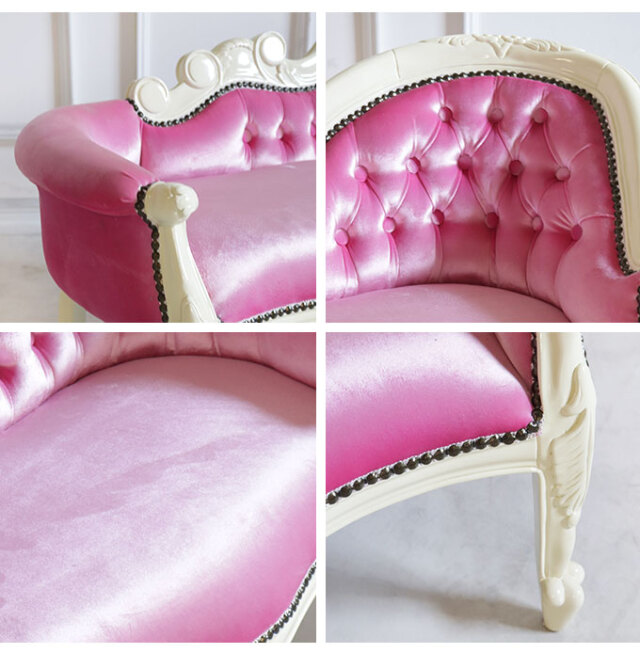 チャイルドカウチソファ アイボリー×ベロアピンク｜高級マホガニー家具