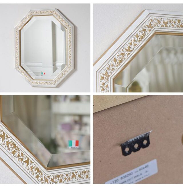 イタリア製 ウォールミラー ホワイトリーフ 壁掛け鏡 38×48cm