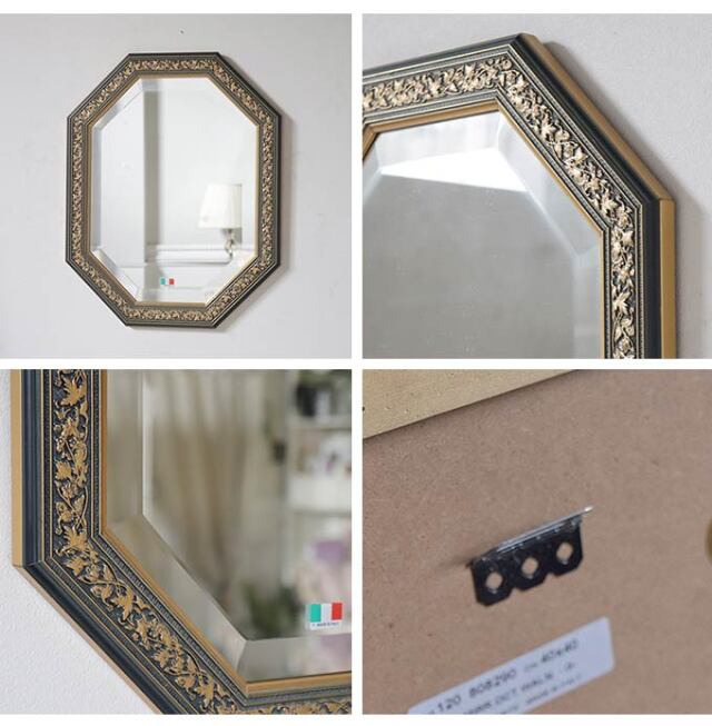 イタリア製 八角形 ウォールミラー(壁掛け鏡) ネイビーリーフ 38×48cm