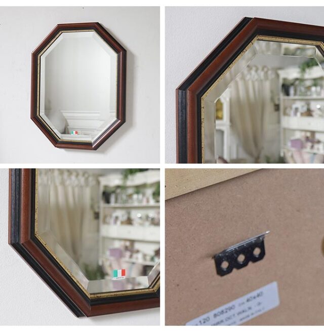 イタリア製 八角形 ウォールミラー(壁掛け鏡) ウッド ゴールドライン