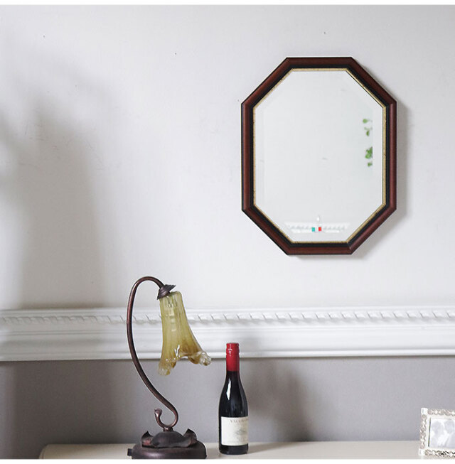 イタリア製 八角形 ウォールミラー(壁掛け鏡) ウッド ゴールドライン