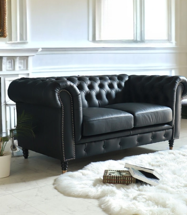 輸入家具 二人掛け チェスターフィールド ソファ ブラックレザー 高級