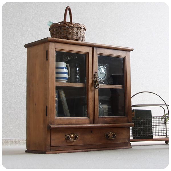 イギリス アンティーク ガラスキャビネット/飾り棚/オールドパイン J