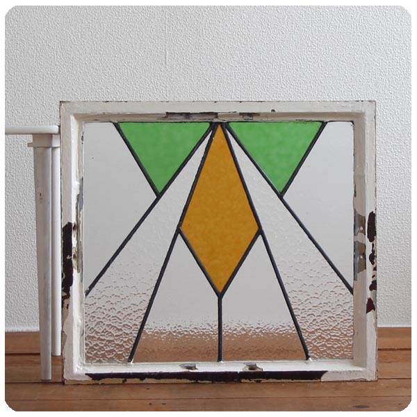 イギリス アンティーク ステンドグラス/鉄枠【おしゃれな幾何学模様】N