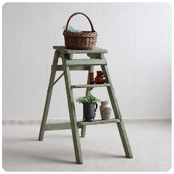 イギリス アンティーク ペイントステップラダー3段 木製 シャビー 家具