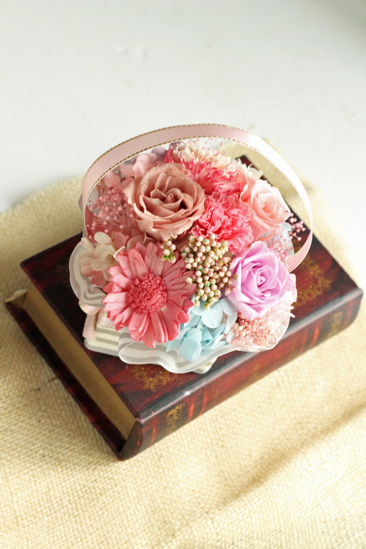 プリザーブドフラワーギフト／ラウンドアレンジメント・リボン