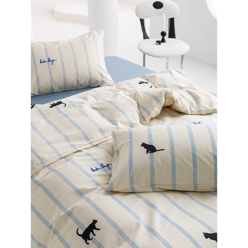 アイボリー キャット ストライプ 布団カバーセット 全2種 ベッドカバー
